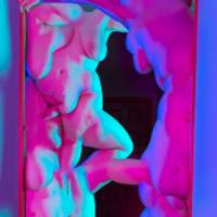 surrealistic scene of nude bodies merged together in doorway